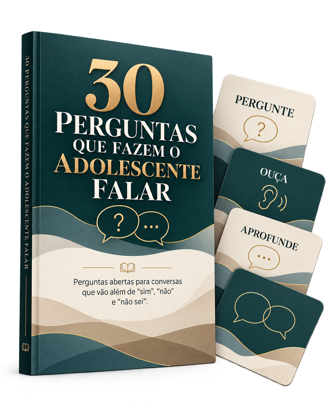 Mockup do bônus 30 Perguntas que Fazem o Adolescente Falar com cards Pergunte, Ouça e Aprofunde