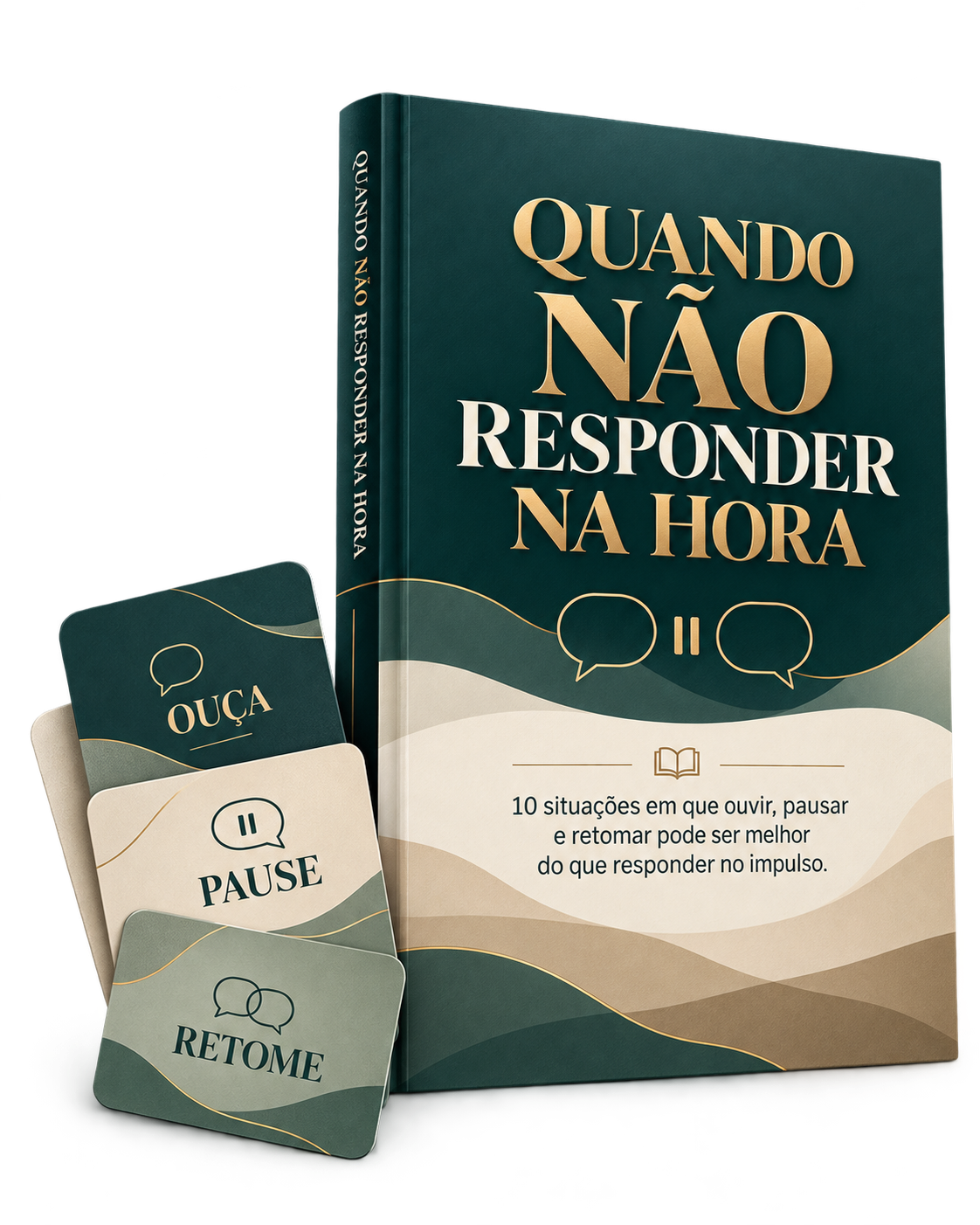 Mockup do bônus Quando Não Responder na Hora com cards Ouça, Pause e Retome