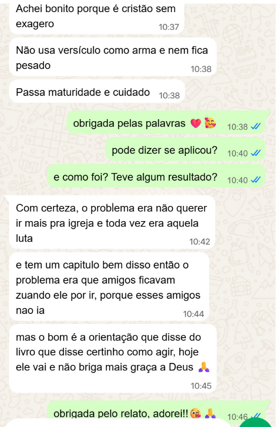 Depoimento em WhatsApp sobre o conteúdo ser cristão sem exagero e ter ajudado em uma situação real ligada à igreja