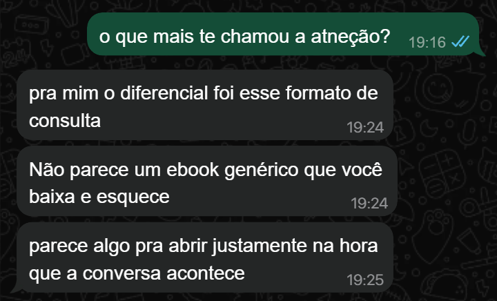 Depoimento em WhatsApp sobre o diferencial do formato de consulta rápida para abrir na hora da conversa