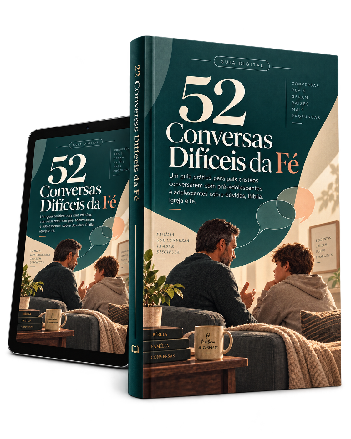 Mockup do guia 52 Conversas Difíceis da Fé com a nova capa, ao lado de uma versão digital em tablet
