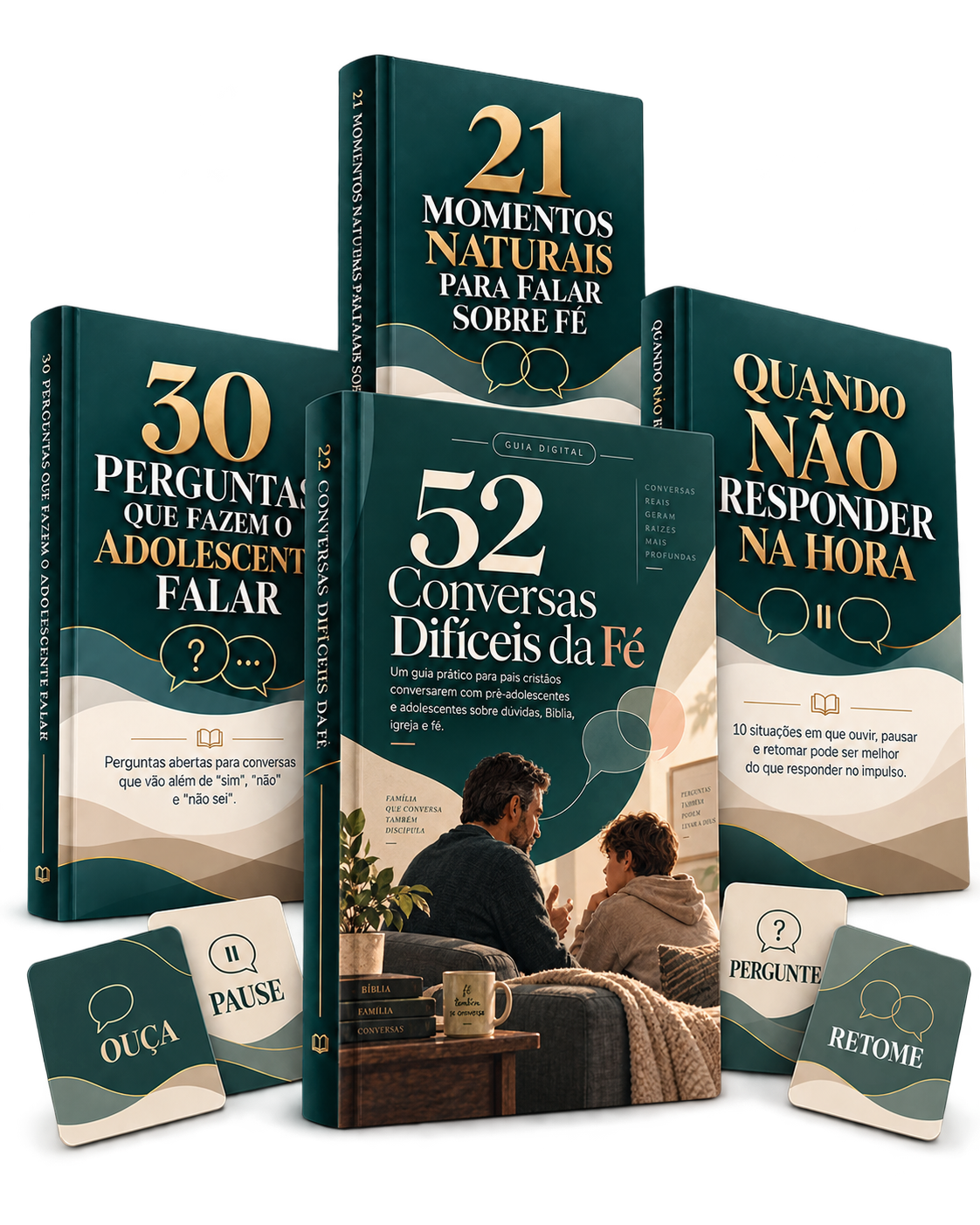Mockup da oferta completa com o produto principal 52 Conversas Difíceis da Fé e os 3 bônus juntos