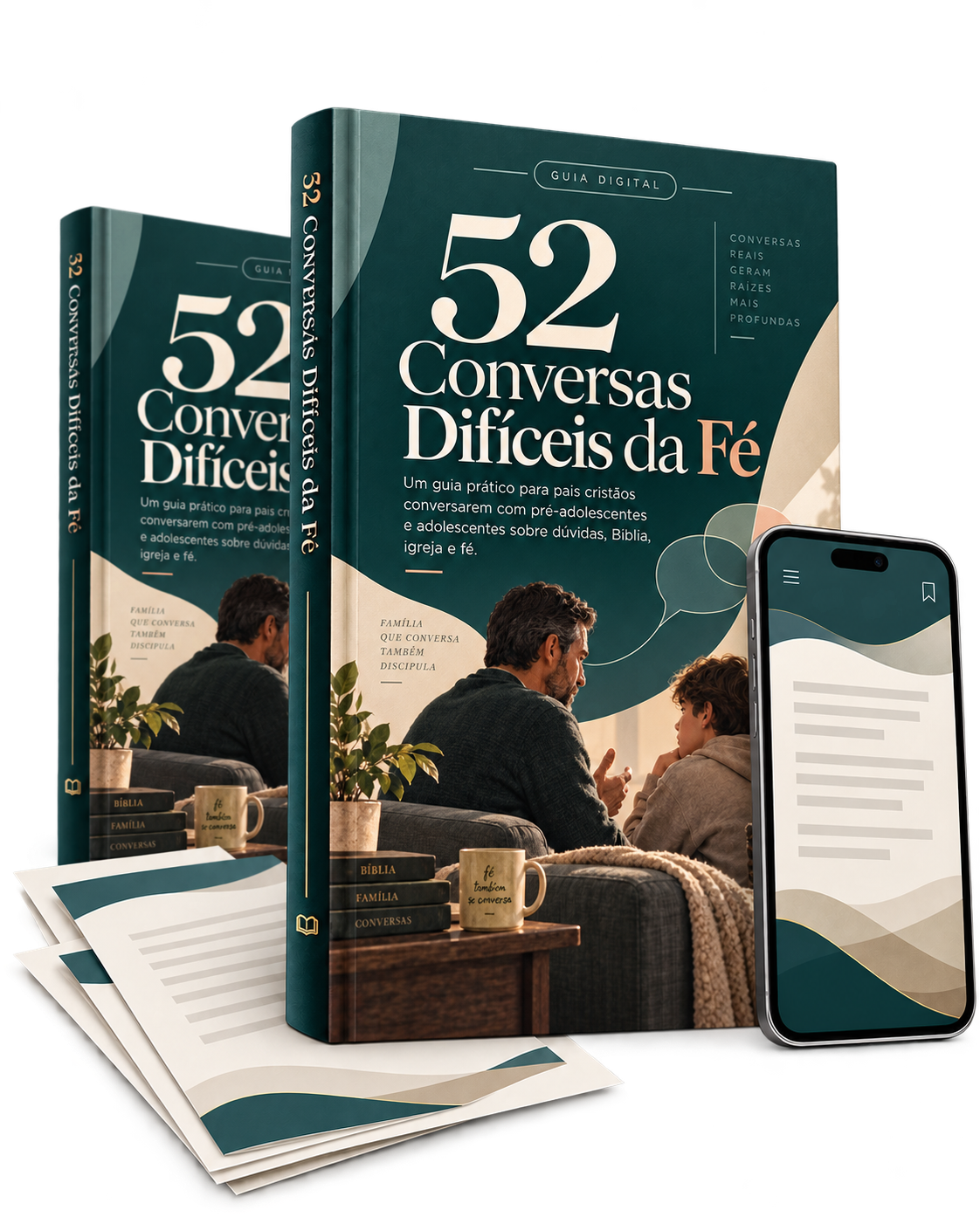 Apresentação do 52 Conversas Difíceis da Fé com a nova capa, segunda cópia, celular e páginas impressas
